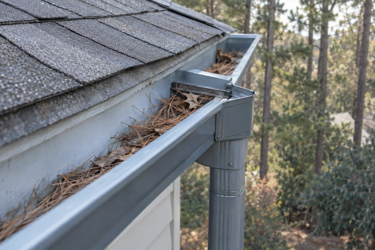 Pine needles and leaves collected in an aluminum gutter near a downspout outlet.