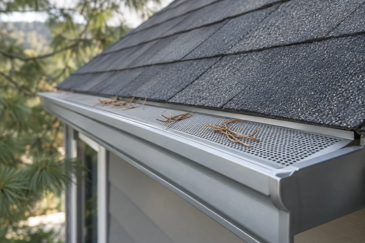 Close-up of a leaf guard on an aluminum gutter with pine needles resting on its surface.