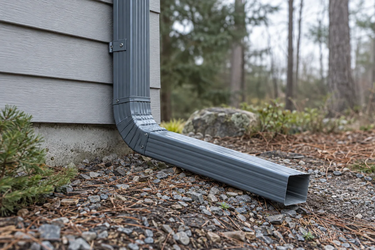 Aluminum downspout elbow and above-ground outlet beside a house, with fallen pine needles nearby.