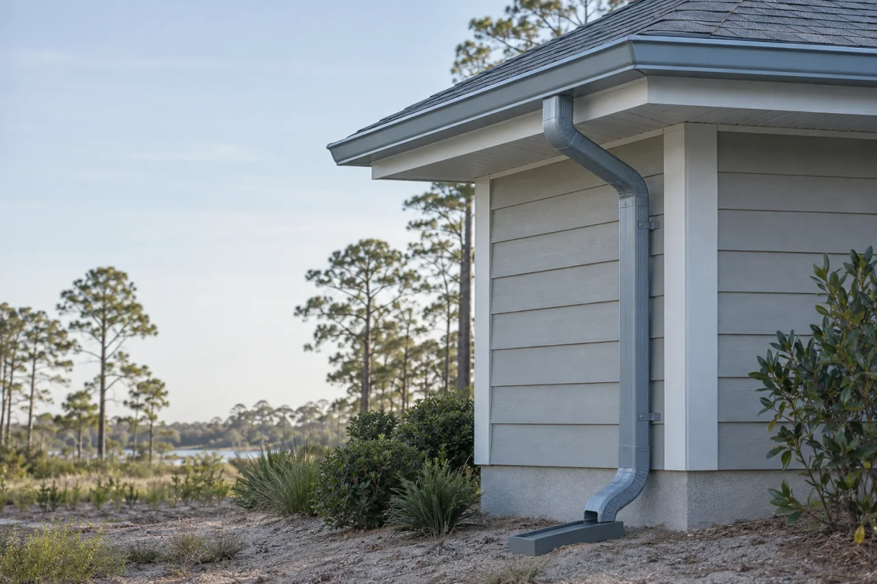 Aluminum gutter along a residential roof edge with a corner connection and downspout beside a planting bed.
