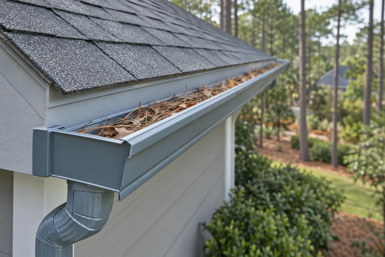 Pine needles and leaves in an aluminum gutter beside a connected downspout.