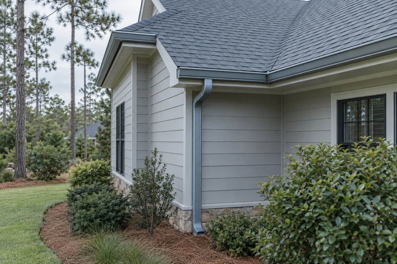 Aluminum gutter and downspout beneath a roof valley beside a pine-lined yard.