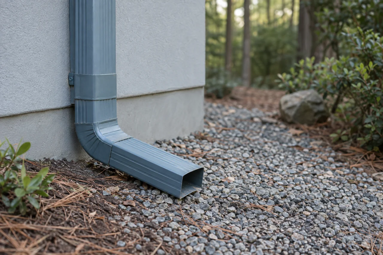 Residential downspout elbow and ground-level outlet extension beside an exterior wall.