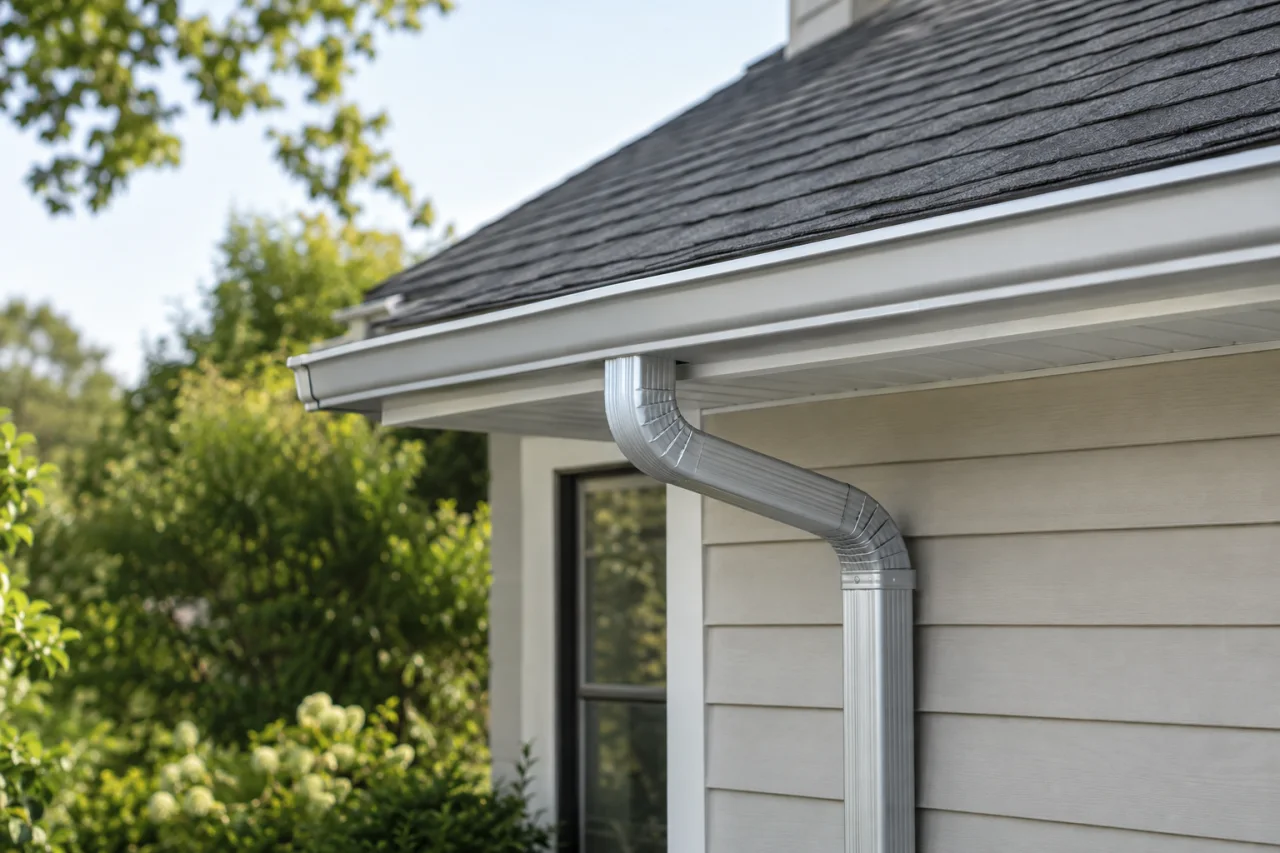 Residential roof edge with an aluminum gutter connected to a downspout.