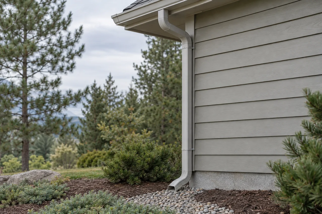 Residential downspout with wall brackets and a lower elbow directing roof runoff away from the foundation.