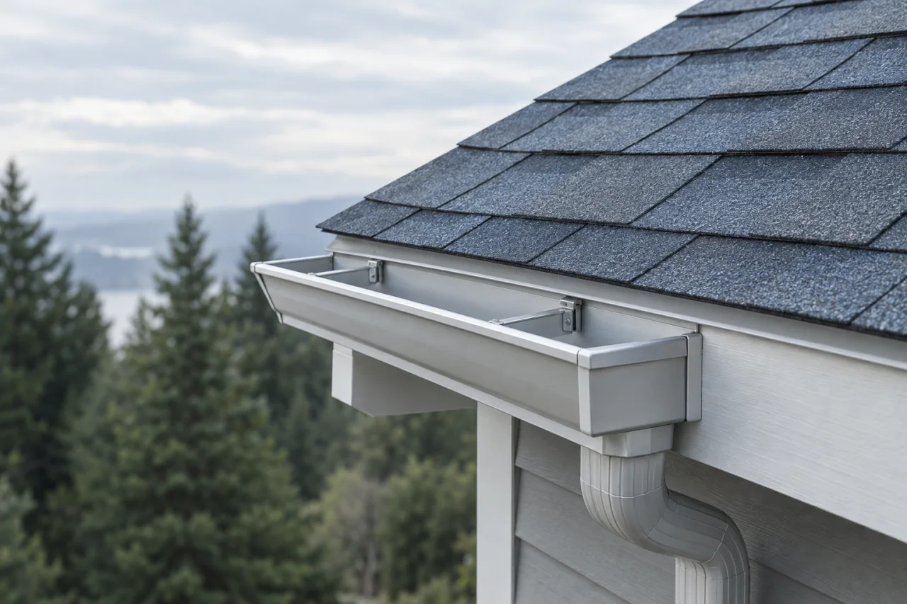 Aluminum gutter and downspout along a residential roof edge.