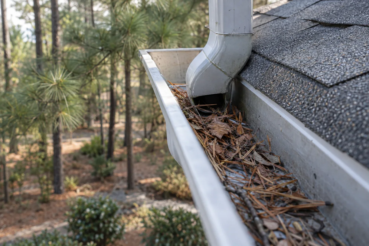 Pine needles and leaves collected in an aluminum gutter near a downspout outlet.