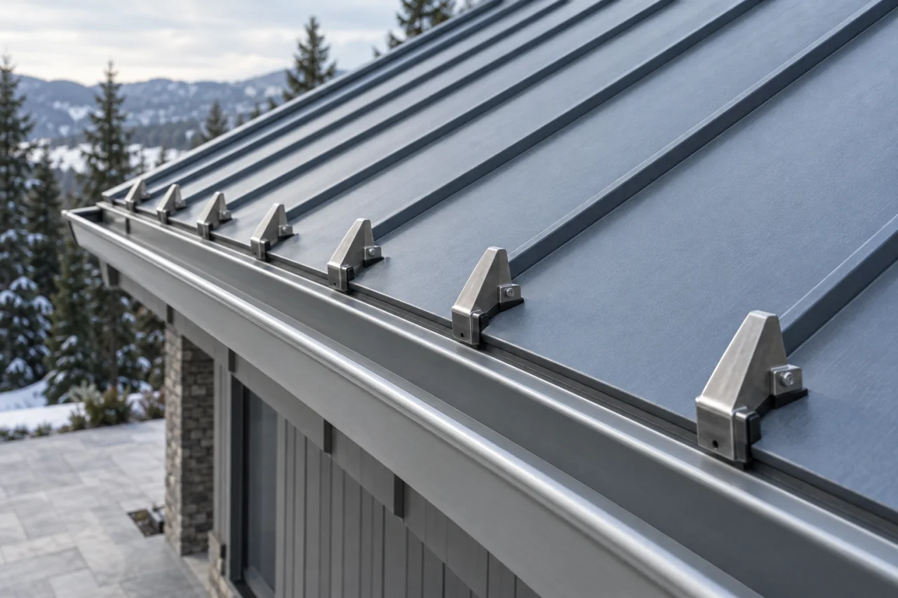 Standing-seam metal roof with seam-clamped ice guards above an aluminum gutter.