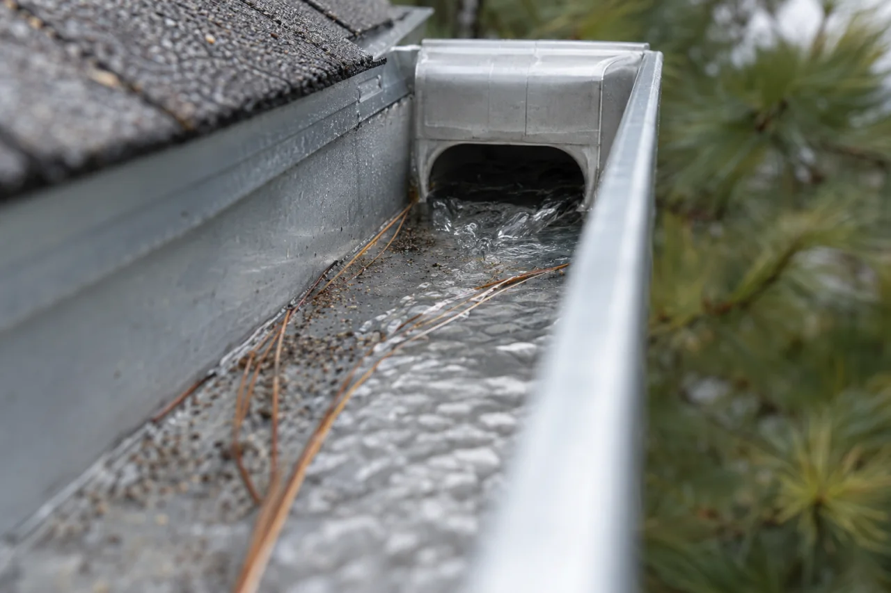 Water flowing toward a gutter outlet beside fine roof grit and pine needles.
