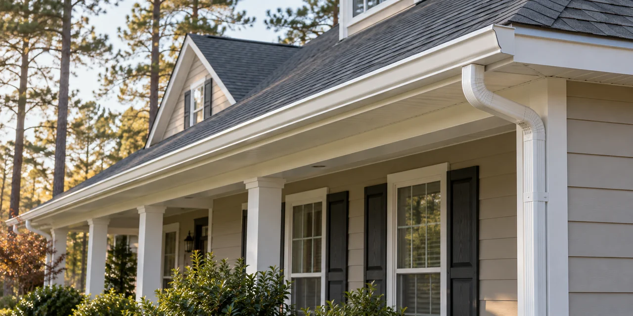 Continuous white seamless gutter following a long roof eave and connecting to a downspout.