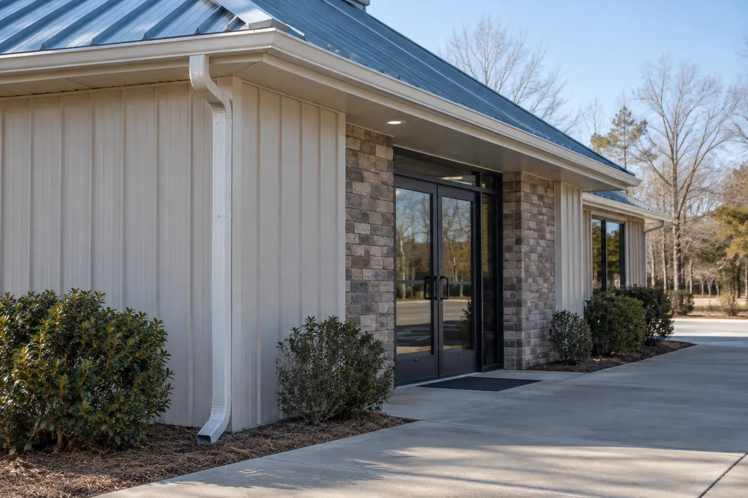 Illustrative commercial building showing a downspout beside a pedestrian entrance.