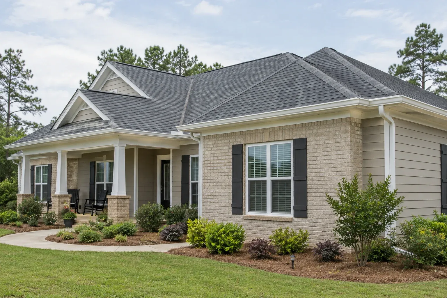 House with intersecting roof slopes, a long gutter run, and an attached porch roof.