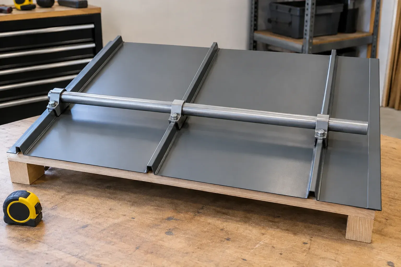 Illustrative standing-seam roof sample with a seam-clamped snow-retention rail.