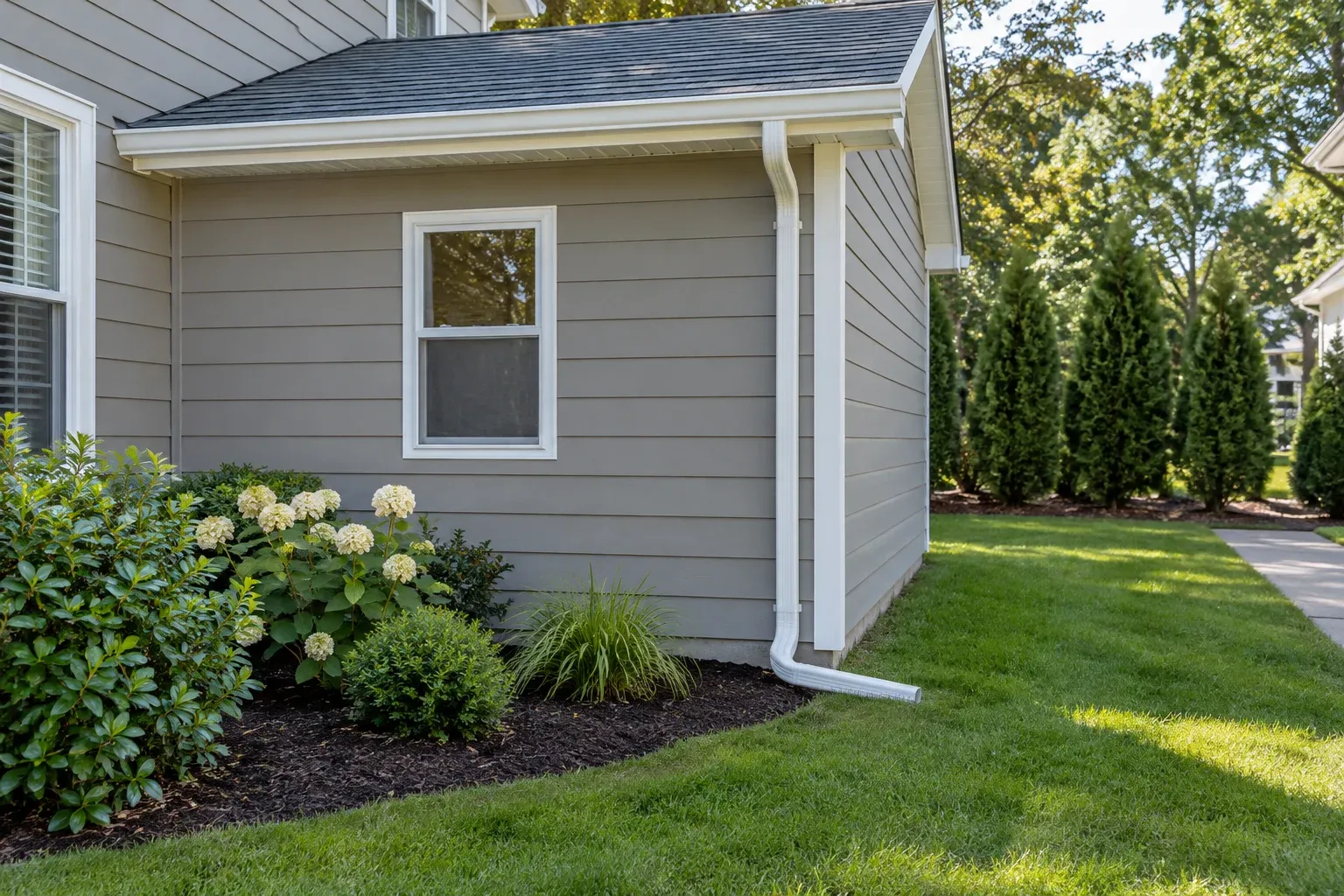 Addition gutter and downspout with a surface extension directed toward lawn beside a walkway.