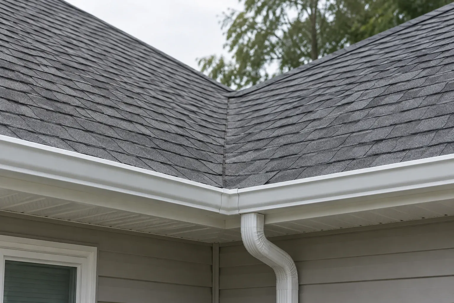 Two shingled roof slopes meeting in a valley above an eave gutter.